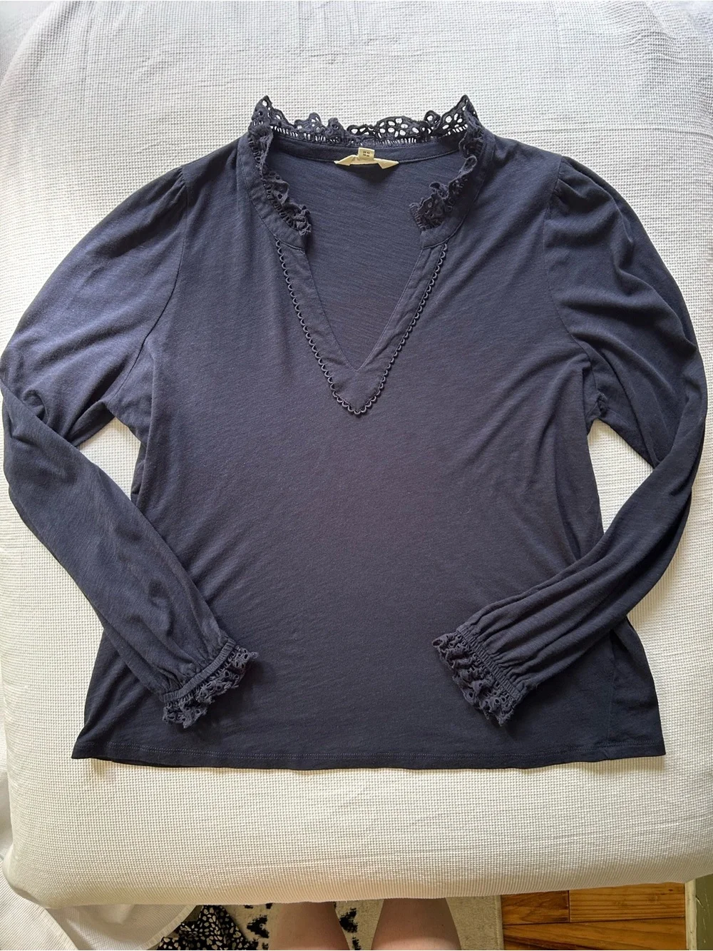 Boden Navy Lace-Trim V-Neck Long Sleeve Top